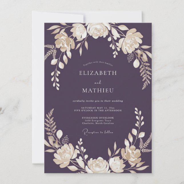 Invitation Mariage Floral Élégant au Plum (Devant)
