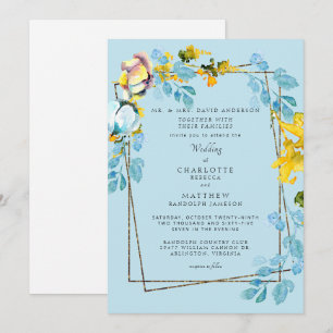 Invitation Mariage Floral Élégant aux Couleurs Bleu et Jaune