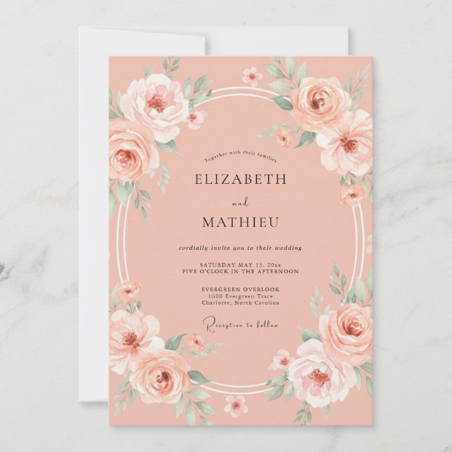 Invitation Mariage Floral Élégant aux Pêches (Devant)