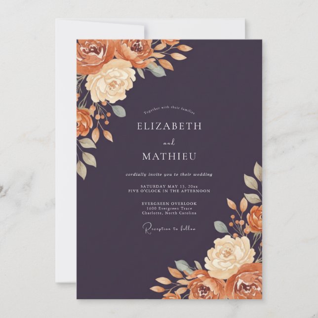 Invitation Mariage Floral Élégant aux Tons de Prune (Devant)
