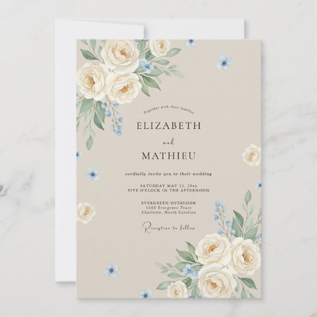 Invitation Mariage Floral Élégant Beige (Devant)