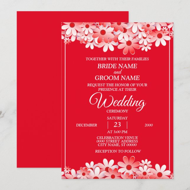 Invitation Mariage Floral Élégant Blanc Rouge (Devant / Derrière)