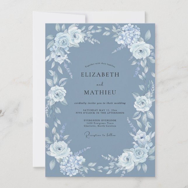 Invitation Mariage Floral Élégant Bleu Acier (Devant)