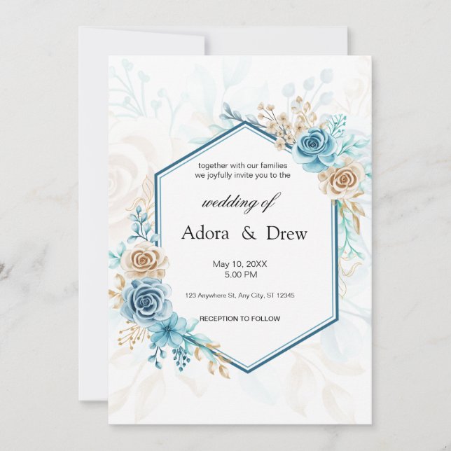 Invitation Mariage Floral Élégant Bleu Beige (Devant)
