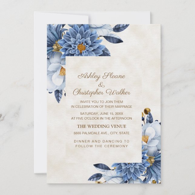 Invitation Mariage Floral Élégant Bleu Blanc Or (Devant)