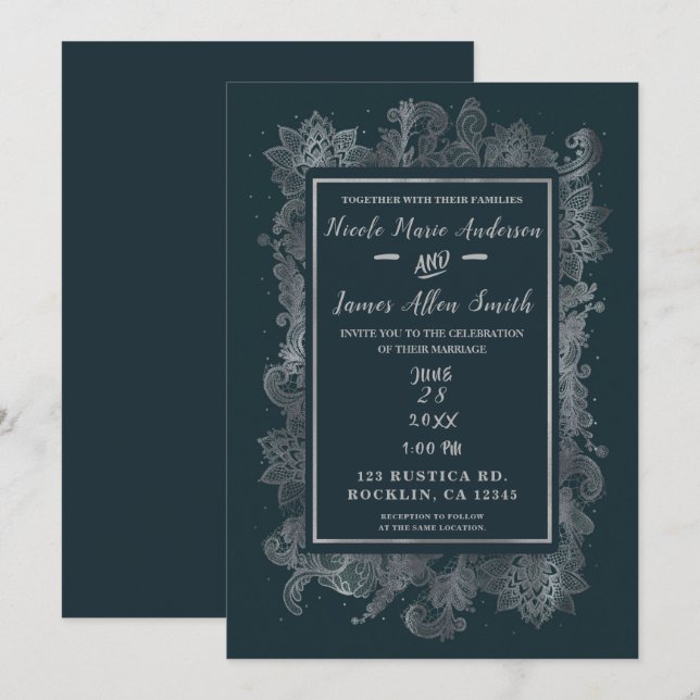 Invitation Mariage Floral Élégant Bleu et Argent Rustique Bru (Devant / Derrière)