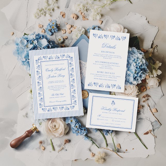 Invitation Mariage Floral Élégant Bleu et Blanc (Créateur téléchargé)