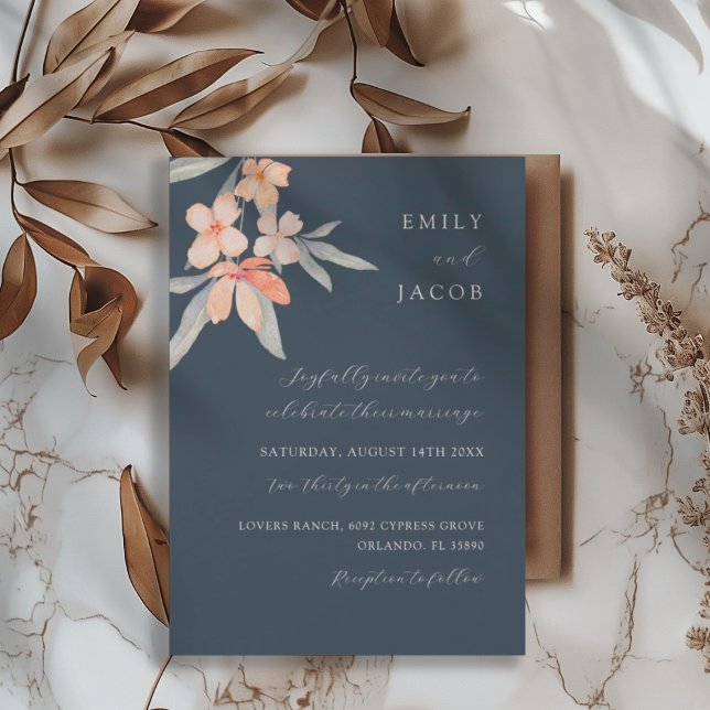 Invitation Mariage Floral Élégant Bleu Foncé & Orange Clair (Créateur téléchargé)