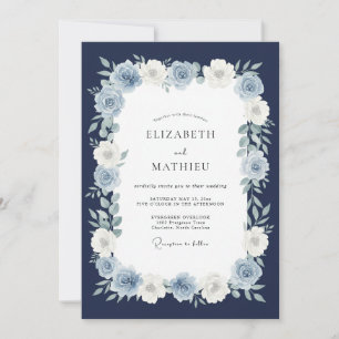 Invitation Mariage Floral Élégant Bleu Marine