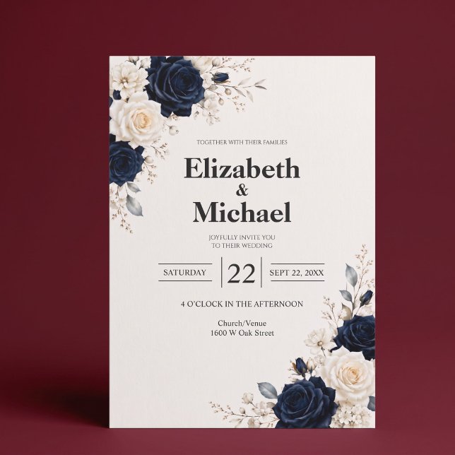Invitation Mariage Floral Élégant Bleu Marine (Créateur téléchargé)