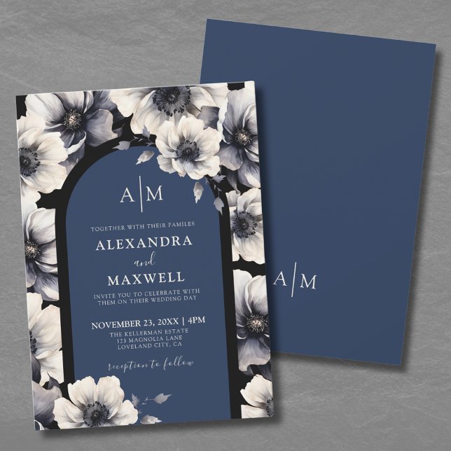 Invitation Mariage Floral Élégant Bleu Marine (Elegant Flowers Navy Blue Floral Wedding Invitation)