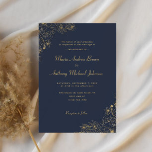 Invitation Mariage floral élégant bleu marine et or