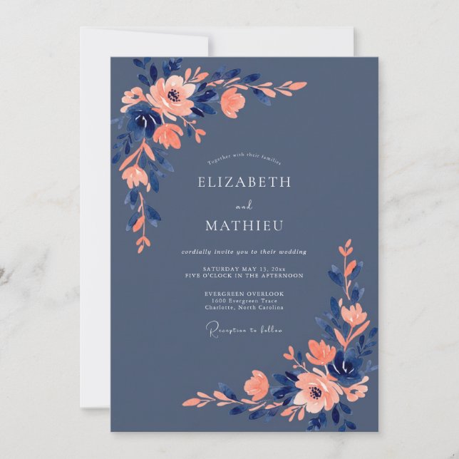 Invitation Mariage Floral Élégant Bleu Nuit (Devant)