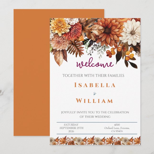 Invitation Mariage Floral Élégant Bleu Nuit (Devant / Derrière)