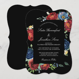 Invitation Mariage Floral Élégant Bleu Nuit Bourgogne Rouge