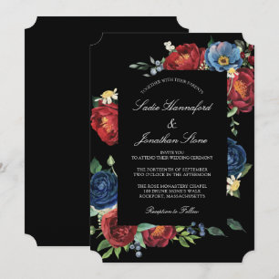 Invitation Mariage Floral Élégant Bleu Nuit Bourgogne Rouge