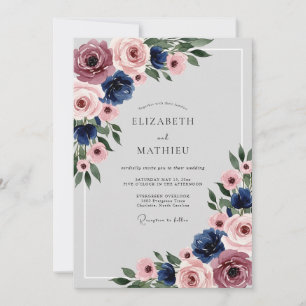 Invitation Mariage Floral Élégant Bleu Nuit Rose Poussiéreuse