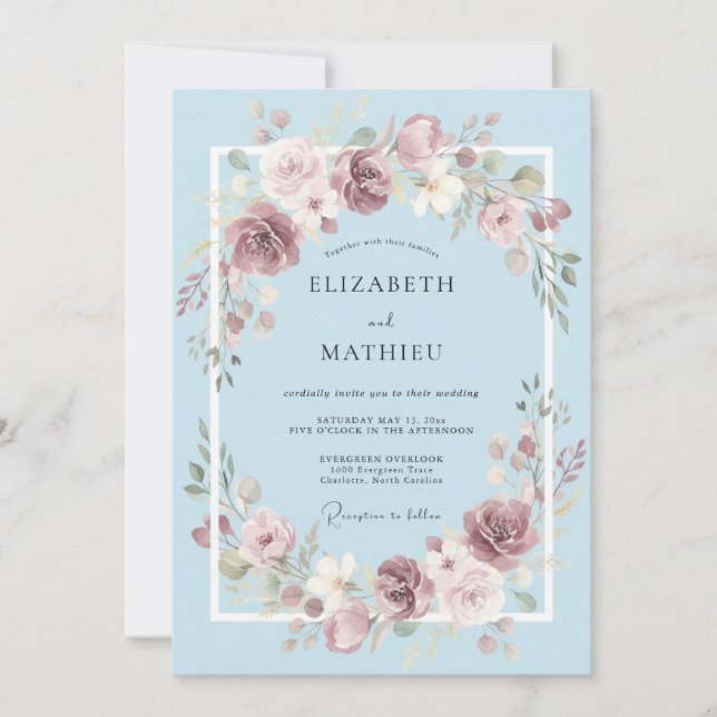 Invitation Mariage Floral Élégant Bleu Poudre (Devant)
