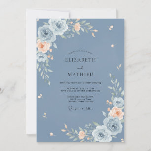 Invitation Mariage Floral Élégant Bleu Poussiéreux