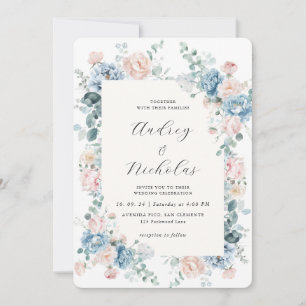 Invitation Mariage Floral Élégant Bleu Poussiéreux et Pêche