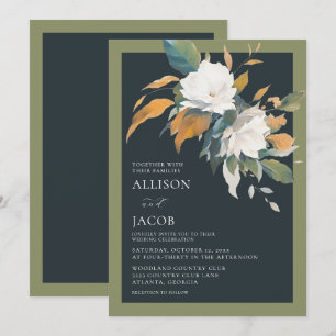 Invitation Mariage Floral Élégant Bleu Vert Blanc