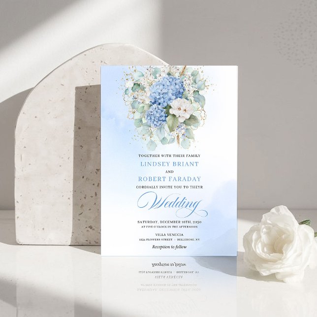 Invitation Mariage Floral Élégant Bohème Hydrangea Bleu Paste (Boho Elegant Pastel Blue Hydrangea Floral Wedding Invitation)