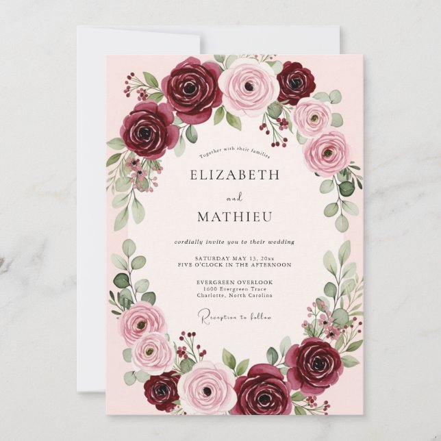 Invitation Mariage Floral Élégant Bourgogne (Devant)