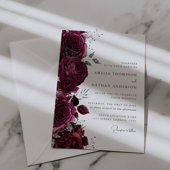 Invitation Mariage Floral Élégant Bourgogne Argent (Créateur téléchargé)