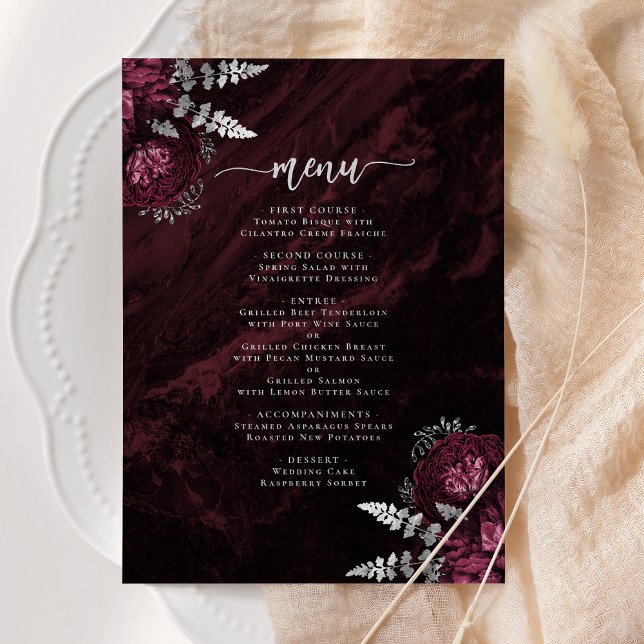 Invitation Mariage Floral Élégant Bourgogne Argent (Créateur téléchargé)