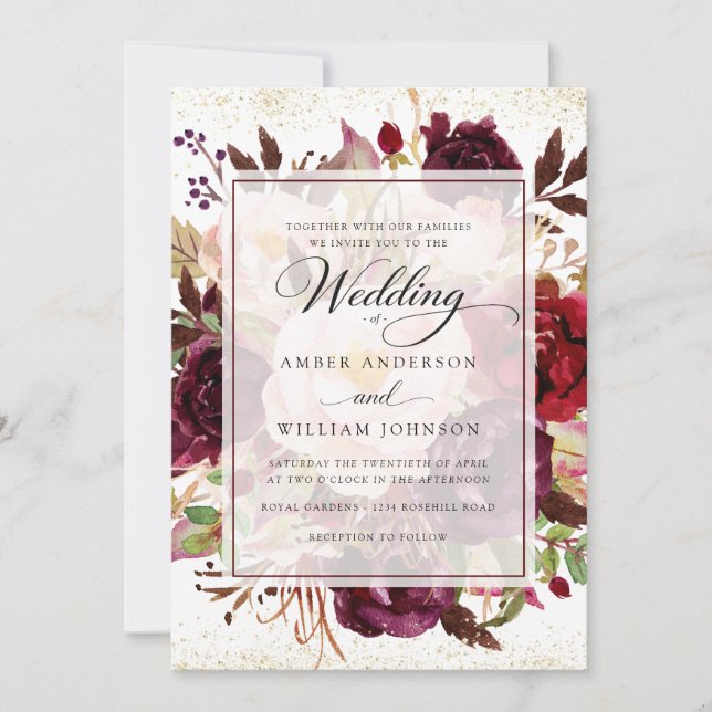Invitation Mariage floral élégant Bourgogne or  (Devant)