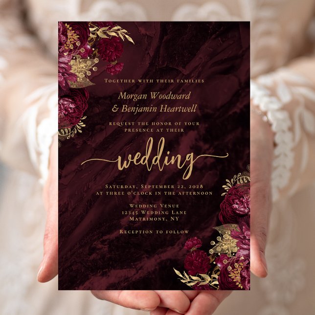 Invitation Mariage Floral Élégant Bourgogne Or (Créateur téléchargé)