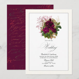 Invitation Mariage Floral Élégant Bourgogne, Or et Rose
