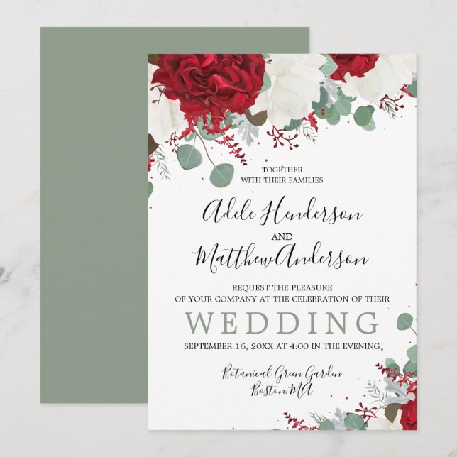 Invitation Mariage Floral Élégant Bourgogne Vert (Devant / Derrière)