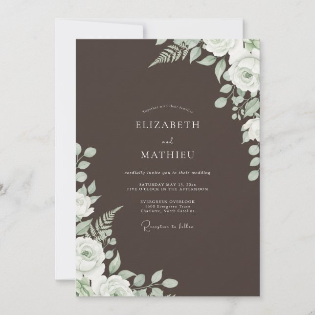 Invitation Mariage Floral Élégant Brun Vert Pâle (Devant)