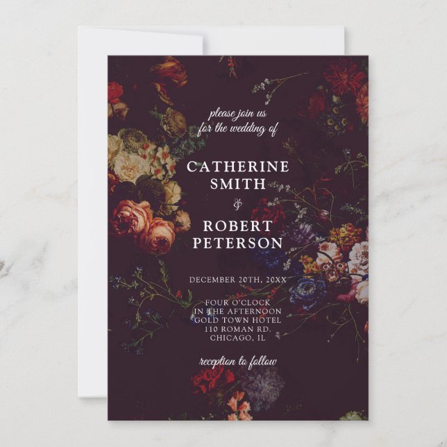Invitation Mariage Floral Élégant Burgundy Sombre (Devant)