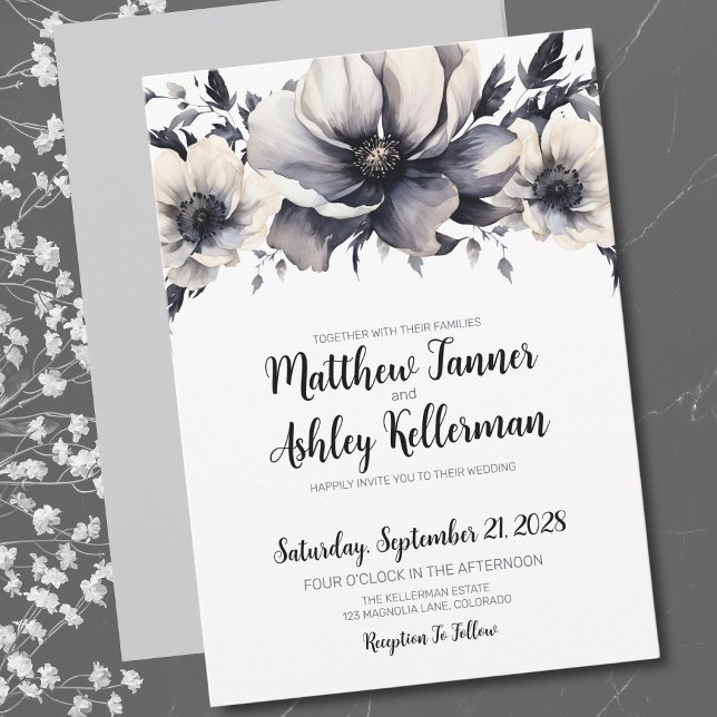 Invitation Mariage Floral Élégant Calligraphie Noir Blanc (Trendy Elegant Black White Floral Wedding Invitation)
