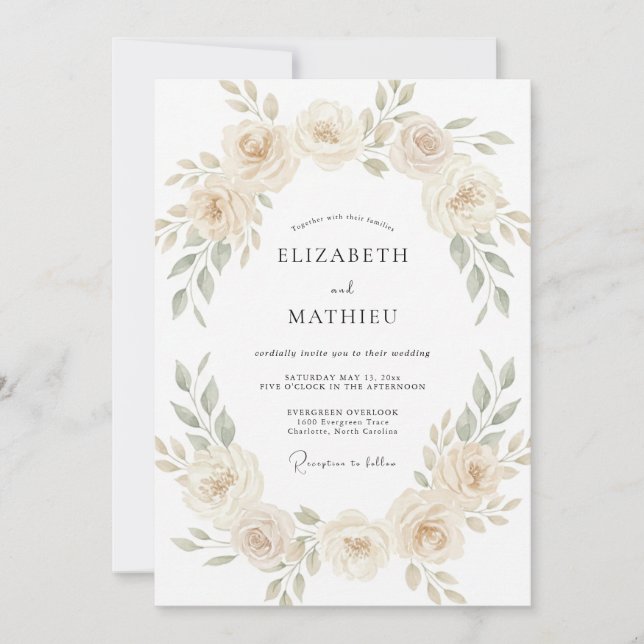 Invitation Mariage Floral Élégant Champagne (Devant)