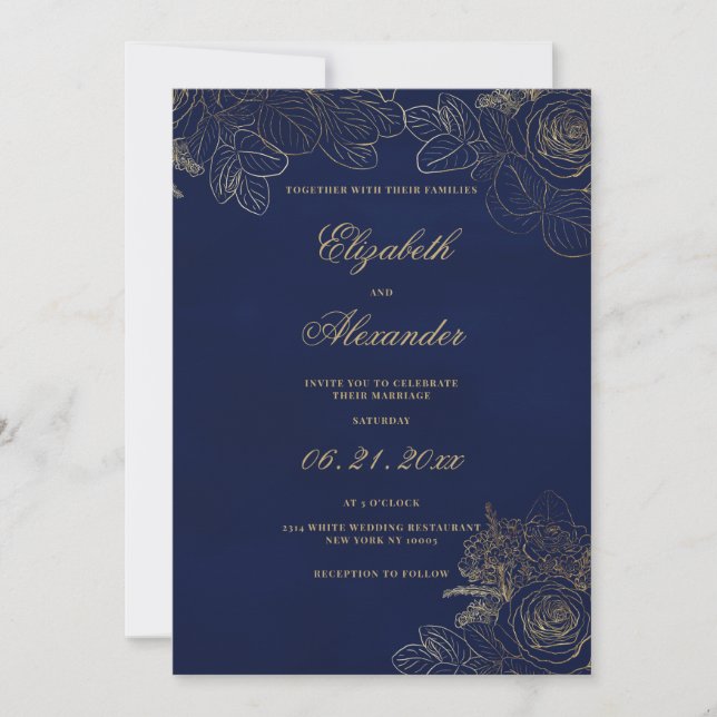 Invitation Mariage floral élégant classique bleu marine or (Devant)
