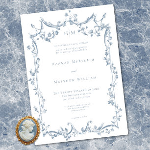 Invitation Mariage Floral Élégant Classique Bleu Poussiéreux