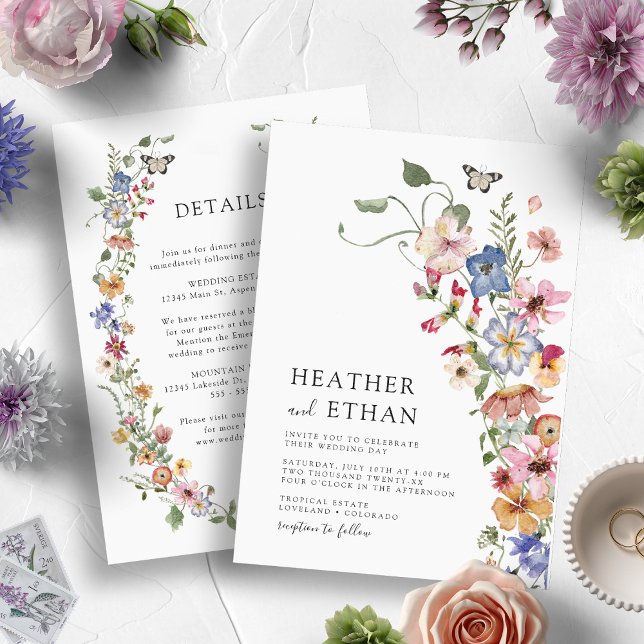 Invitation Mariage Floral Élégant Coloré (Watercolor Vintage Colorful Wildflower Wedding Invitation with Details by Painted Paperie)