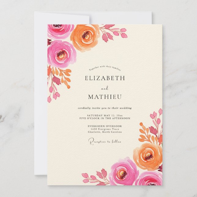 Invitation Mariage Floral Élégant Corail Rose (Devant)