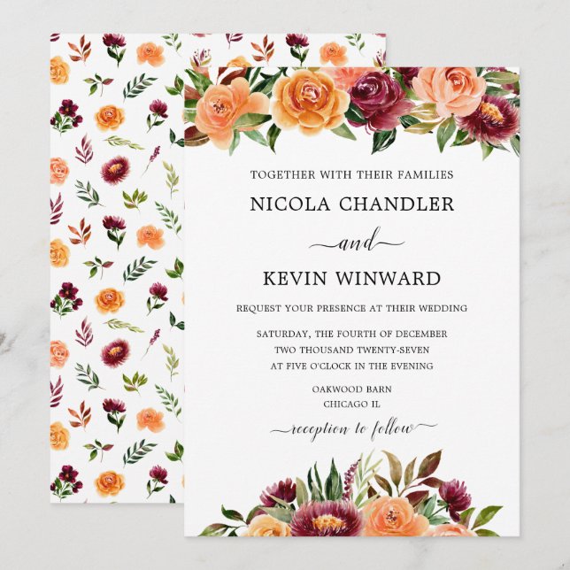 Invitation Mariage Floral Élégant d'Automne (Devant / Derrière)
