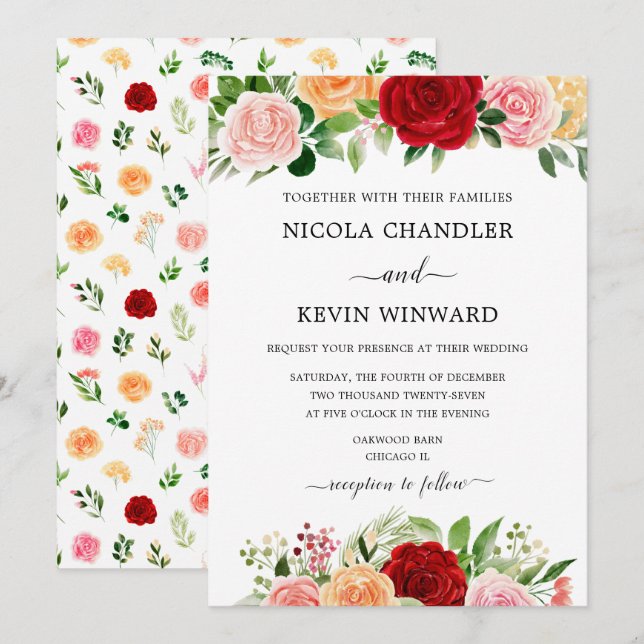 Invitation Mariage Floral Élégant d'Automne (Devant / Derrière)