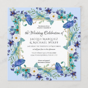 Invitation Mariage floral élégant de couleur or pastel Blue