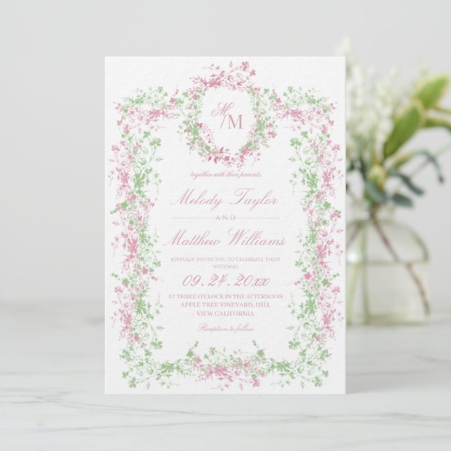 Invitation Mariage Floral Élégant d'Été avec Monogramme (Debout devant)