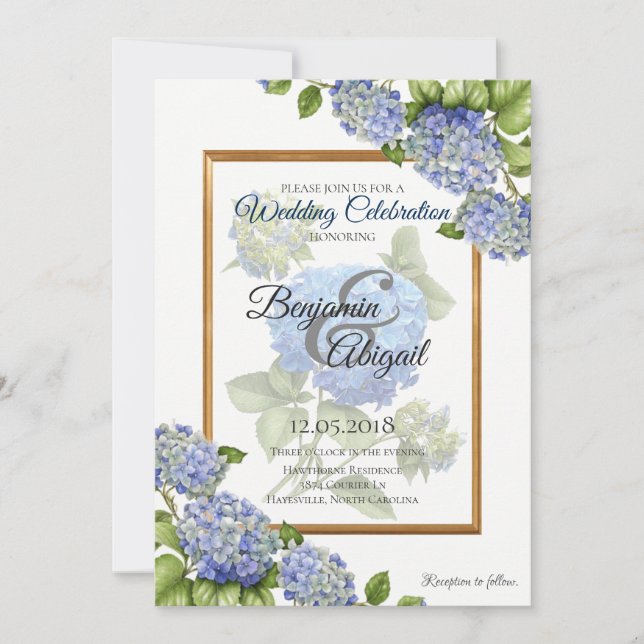 Invitation Mariage floral élégant d'hortensia d'or bleu de (Devant)