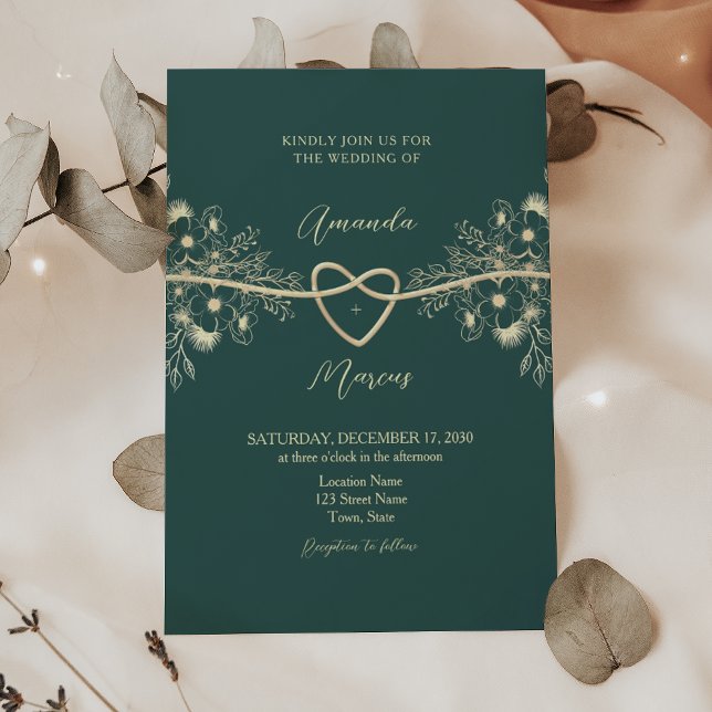 Invitation Mariage Floral Élégant Émeraude et Or (Créateur téléchargé)