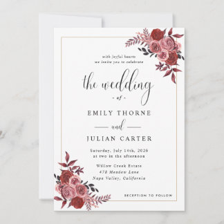 Invitation Mariage Floral Élégant en Bourgogne et Rose