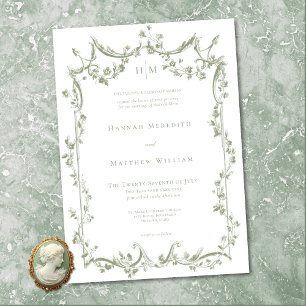 Invitation Mariage Floral Élégant et Classique Vert Sauge