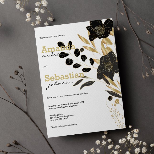 Invitation Mariage floral élégant et noir blanc or (Black white gold floral elegant floral wedding )